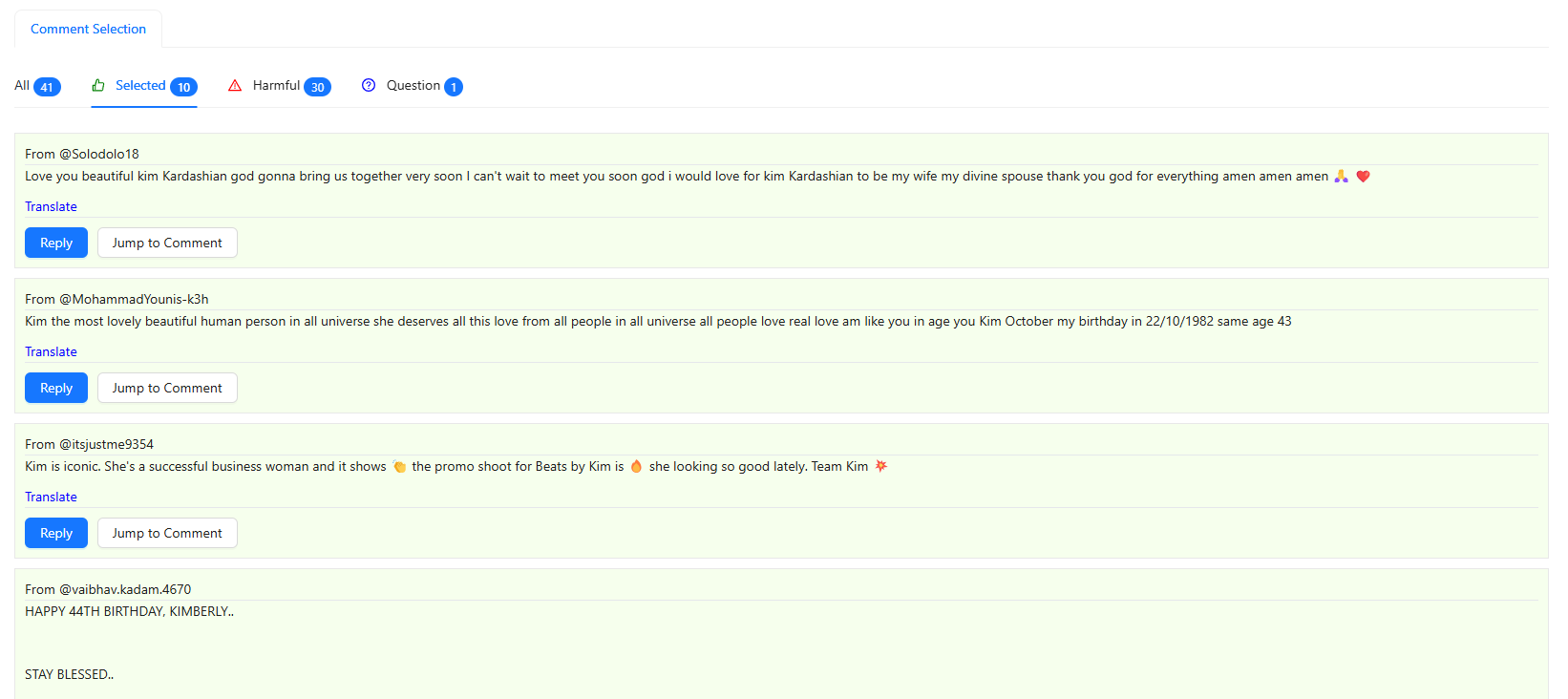 Comment Selection feature