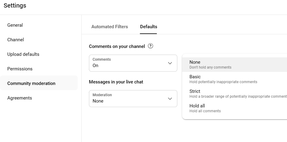 channel default moderation setting