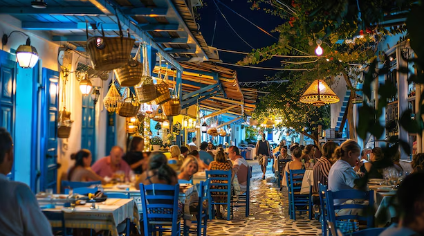 A vibrant restaurant exterior with people dining outdoors