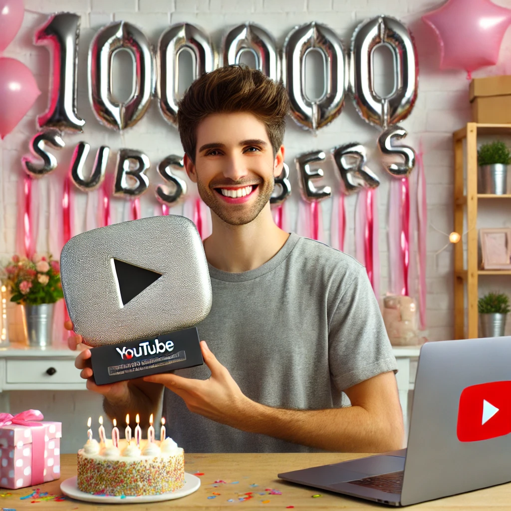 Closing image: A YouTube creator celebrating their 100,000-subscriber milestone with a silver play button