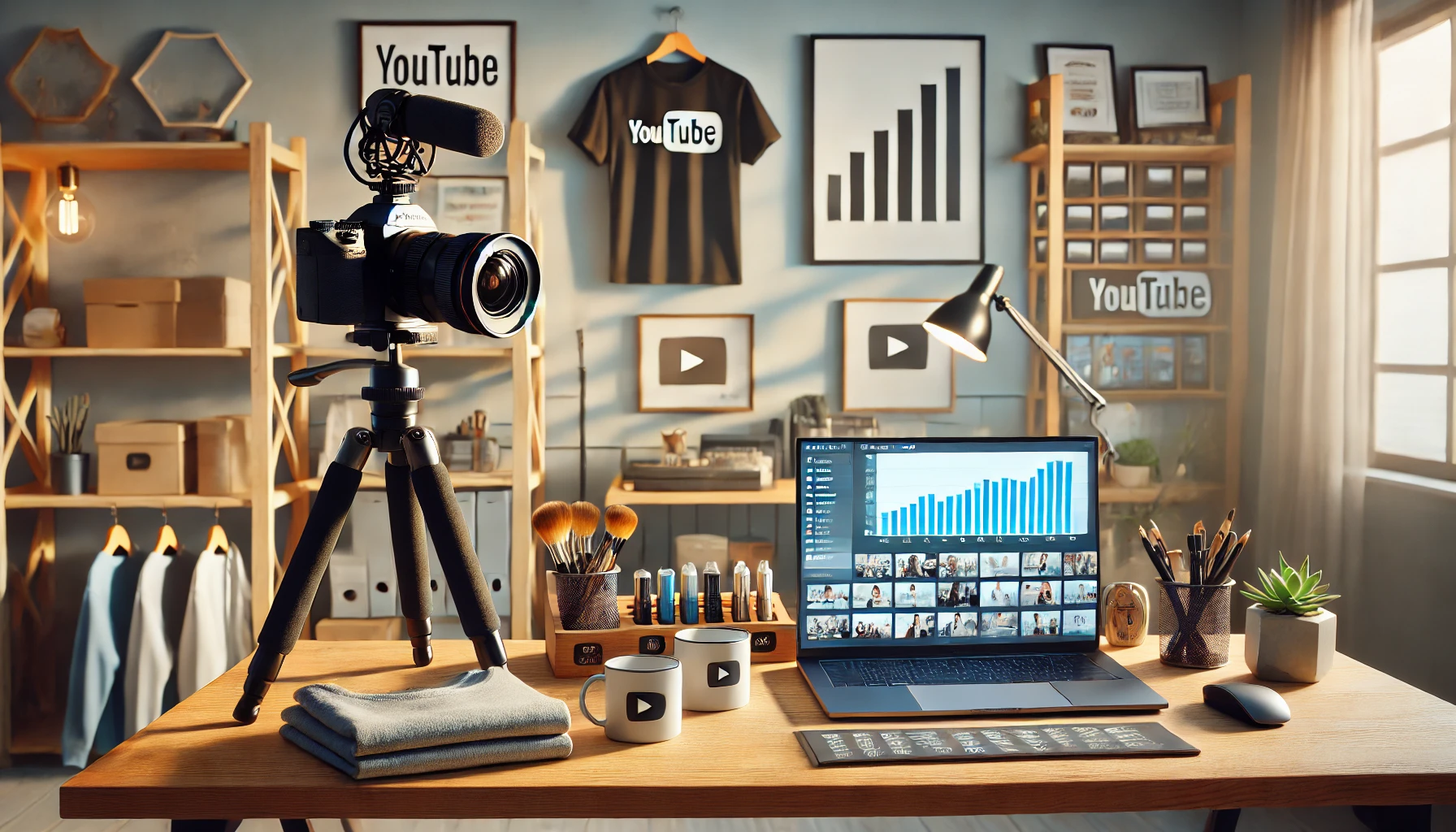 Featured image: A creative YouTube workspace with a camera, merchandise samples, and a laptop displaying analytics